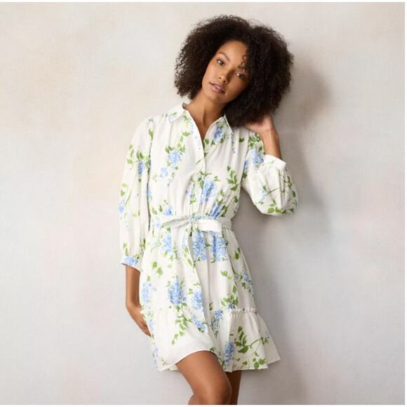 LC Lauren Conrad Floral Blue Hydrangea Shirt Dress Sz Lrg Spring Easter Flowy - Picture 1 of 16